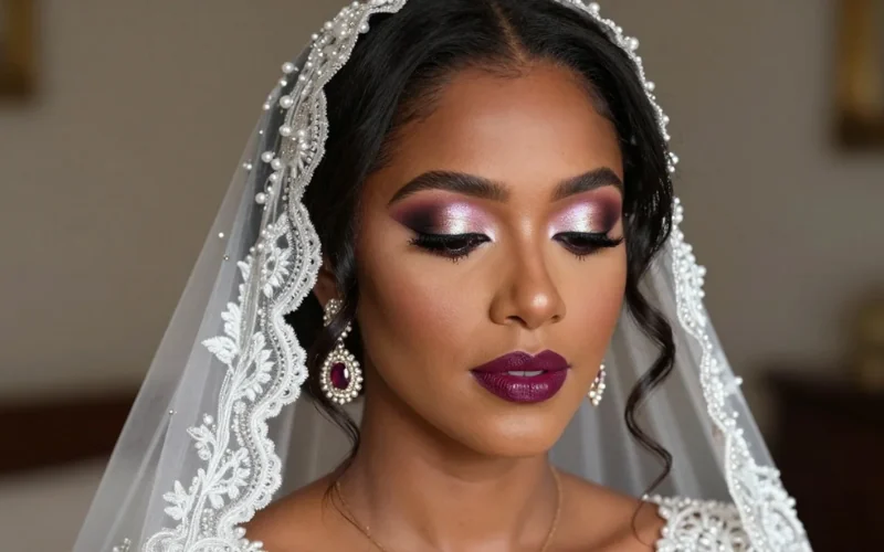 A bride wearing a bold shimmer eye and deep berry lip beneath a pearl trimmed lace veil, photographed indoors