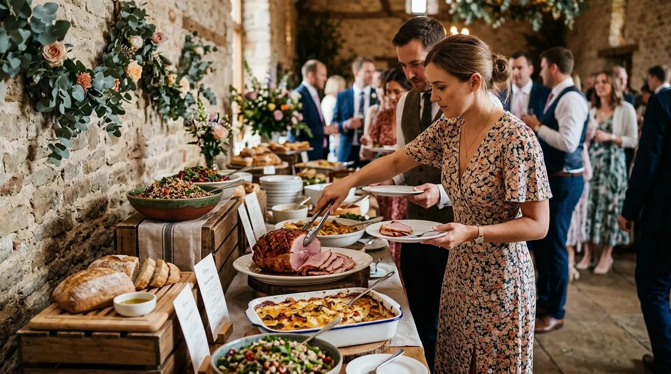 Wedding guests serving themselves from a rustic wedding buffet with carved glazed ham, salads, gratin and fresh bread
