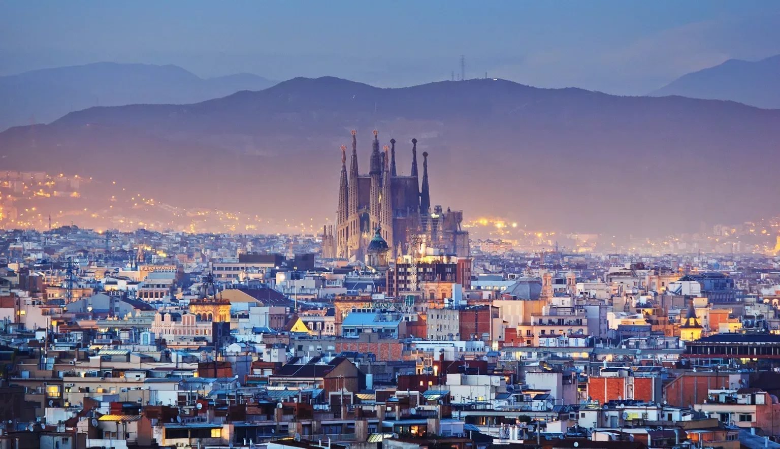 The Barcelona skyline with the Sagrada Família at dusk